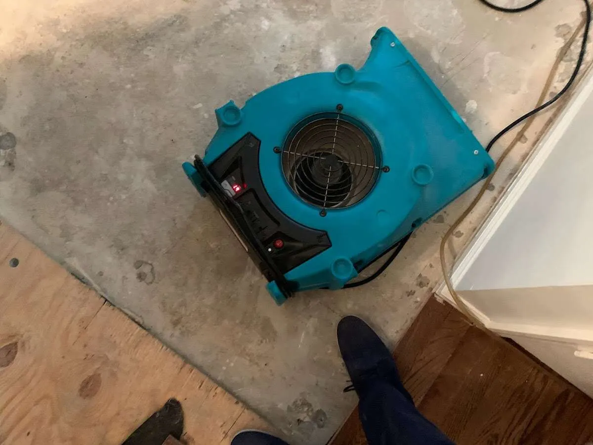 Air mover drying subfloor during Leak Detection & Repair in Bailey's Crossroads